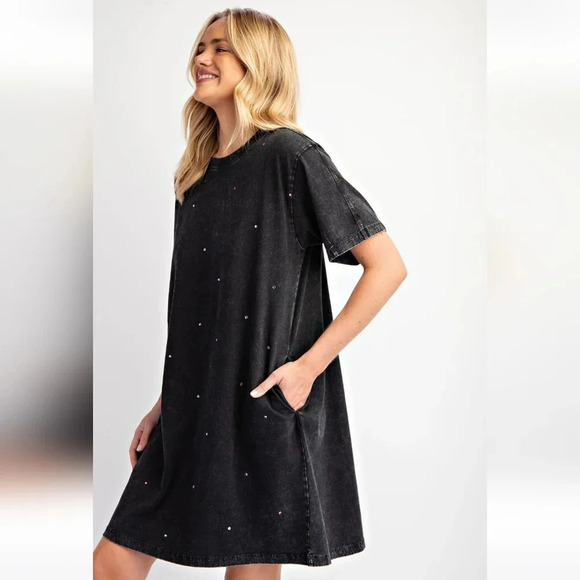 Easel Black Rhinestone Mineral Washed T-shirt Tunic Shirt Dress New - Picture 5 of 6